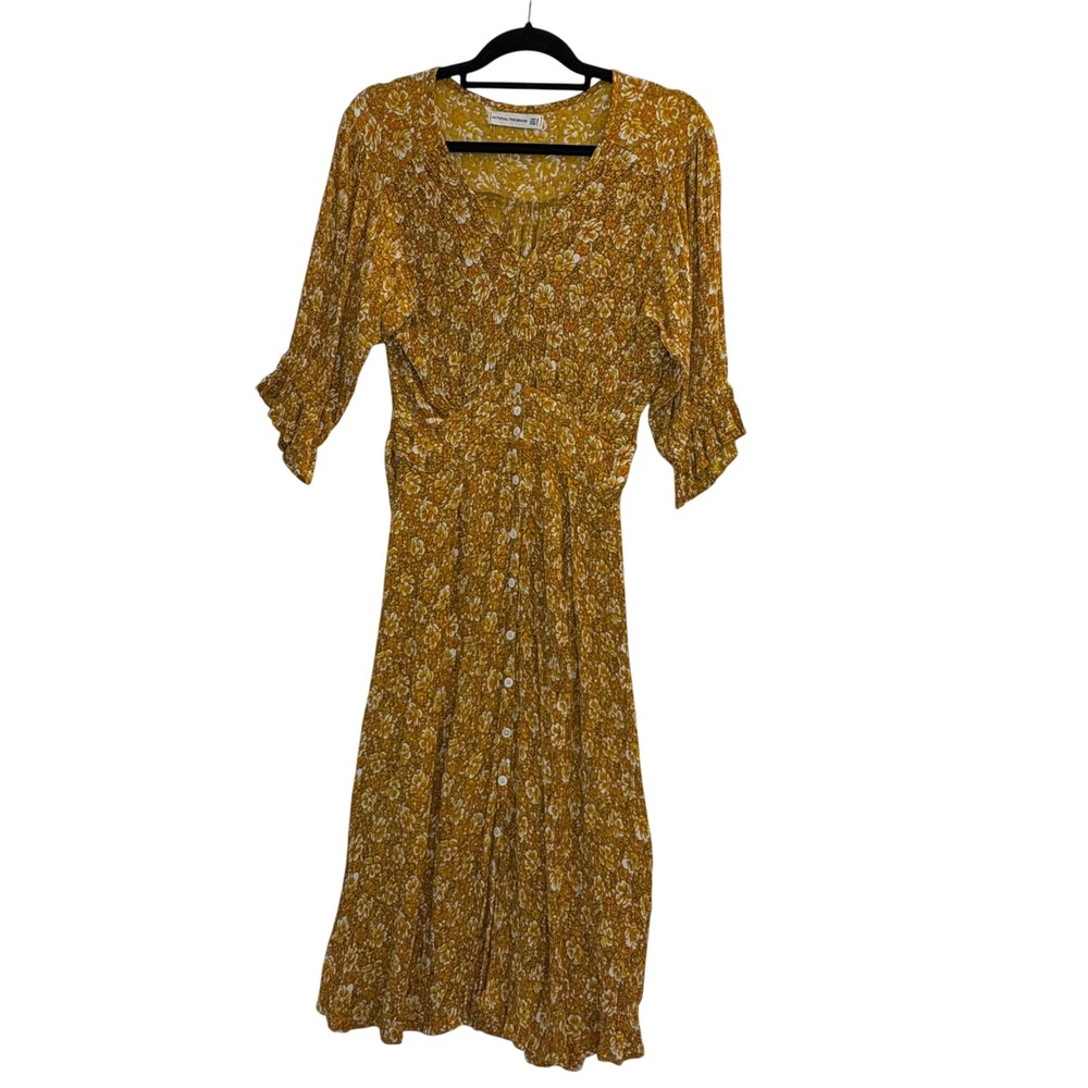 FAITHFULL THE BRAND Mustard Floral Smocked Button‎ Front Midi Dress Size Large